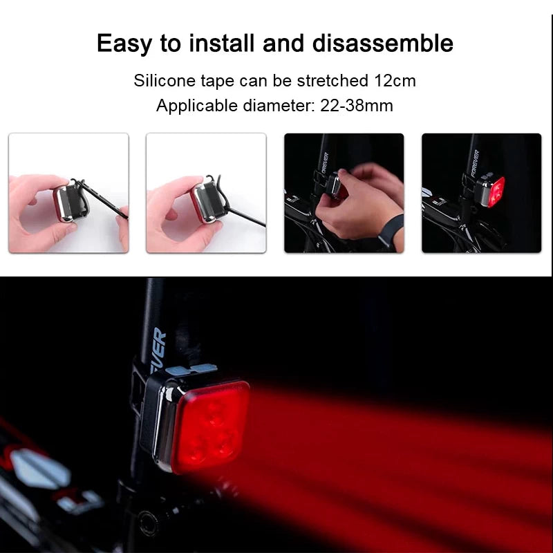 Red rear safety light shown in use on a bike seat post, demonstrating easy installation with a silicone strap for secure fitment on handlebars, seat posts, and more.
