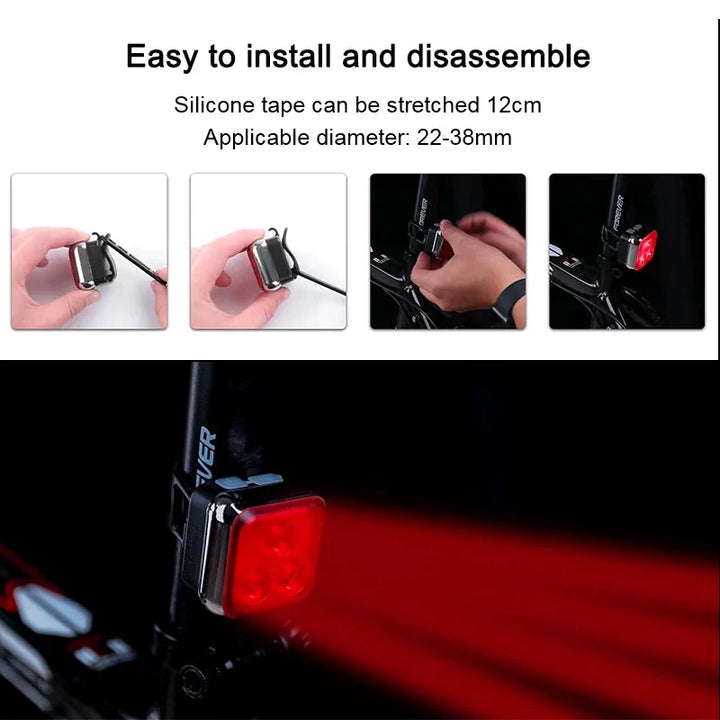 Red rear safety light shown in use on a bike seat post, demonstrating easy installation with a silicone strap for secure fitment on handlebars, seat posts, and more.