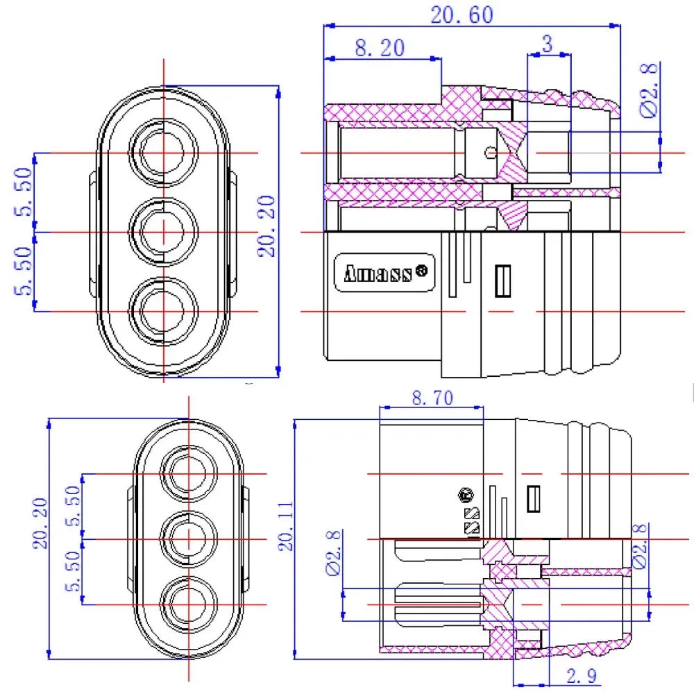 Technical specifications and dimensions of the AMASS MR60 three-core plugs (Male & Female)