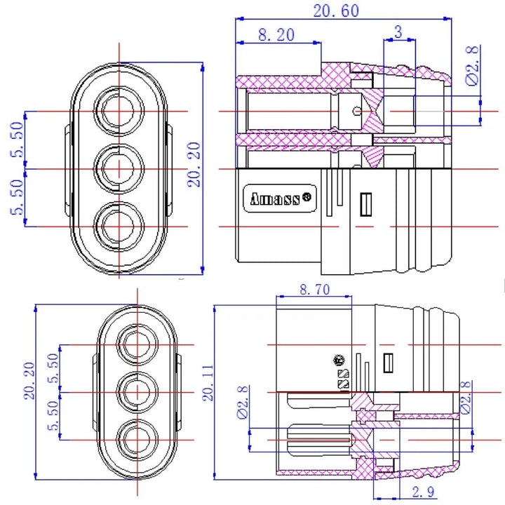 Technical specifications and dimensions of the AMASS MR60 three-core plugs (Male & Female)