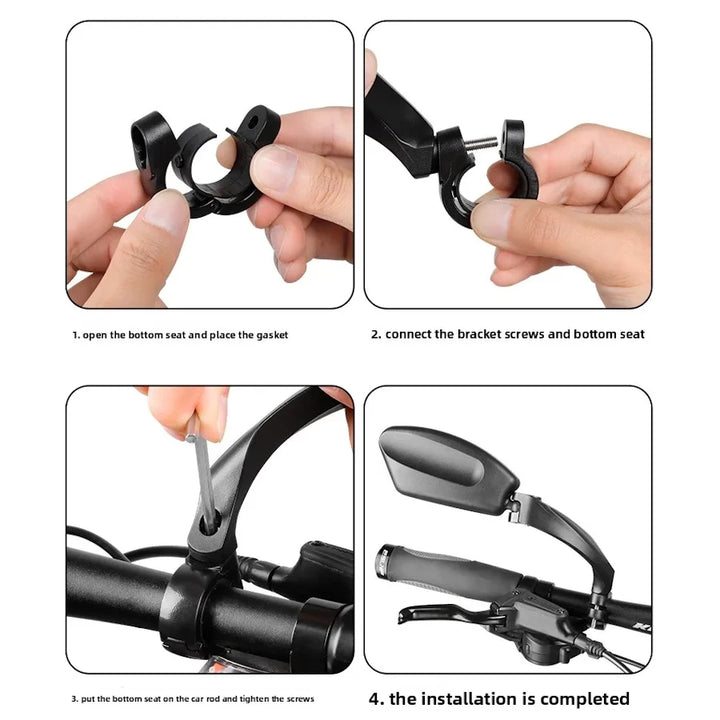 Step-by-step installation of HD stainless steel rearview mirror for electric scooters and bicycles — clamp mount, bracket fitting, and screw tightening.