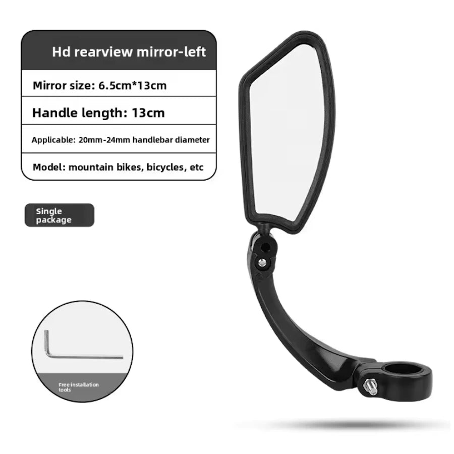 Left-side HD stainless steel handlebar mirror with size and handle length specifications — 6.5x13cm mirror, 13cm arm, fits 20–24mm handlebars.