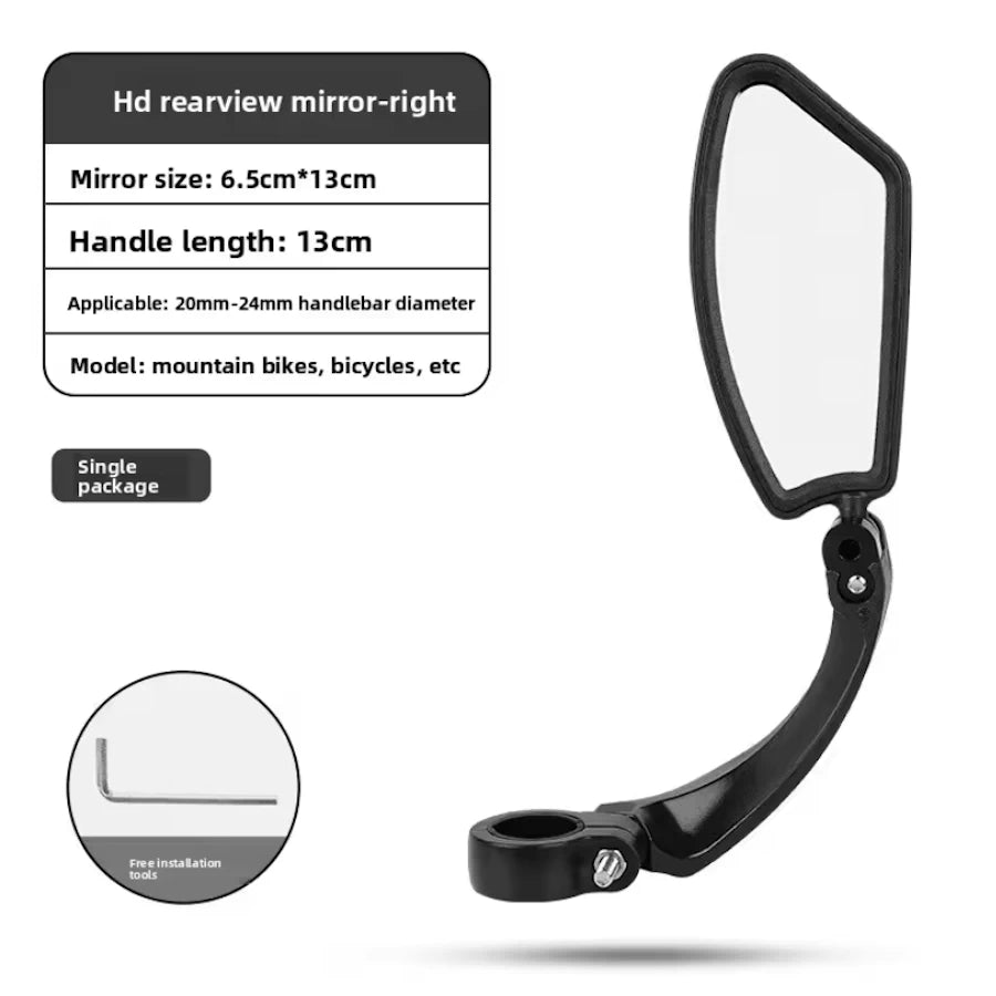 Right-side HD stainless steel adjustable handlebar mirror showing dimensions and compatibility for e-bikes, scooters, and bicycles — single package.