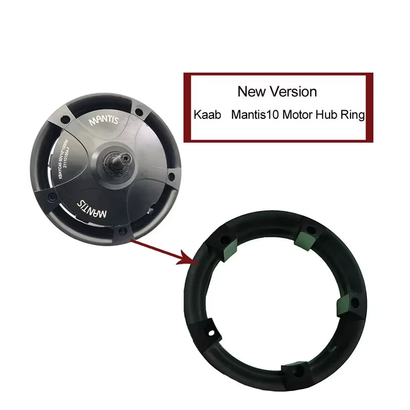 Image showing placement of NEW version Hub Rim on motor hub of Kaabo Mantis 10, as well as the rim separated on its own.