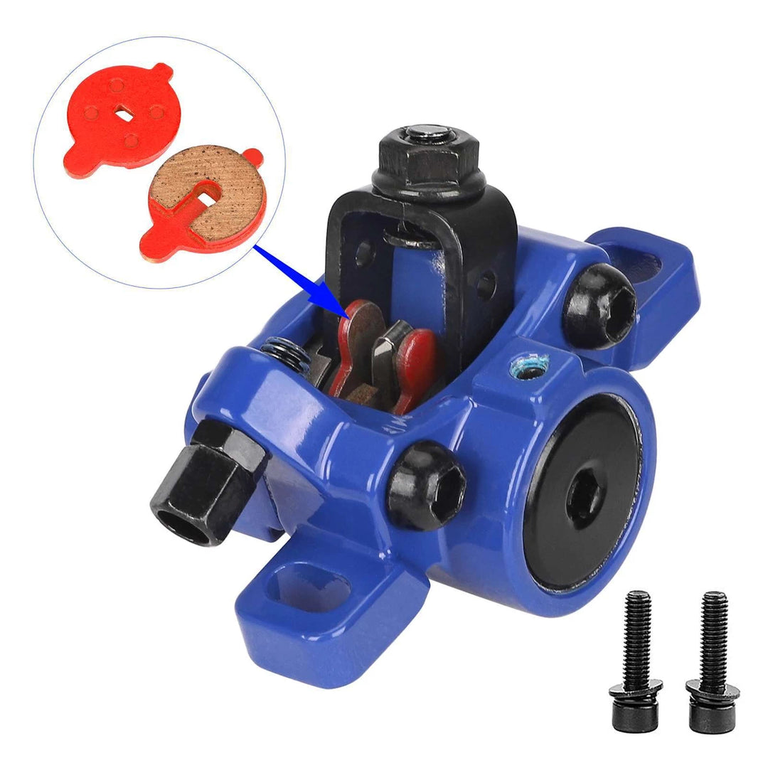 NIU KQi front disc brake caliper blue, with inset of brake pads and fitting location