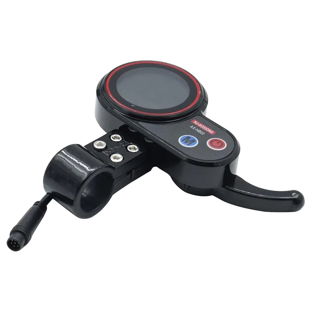 Angled view of the NJ-AOXIONG AX-HB02 36V–48V Display Trigger Throttle with the round, 6-Pin (male) julet connector plug and handlebar mounting bracket included