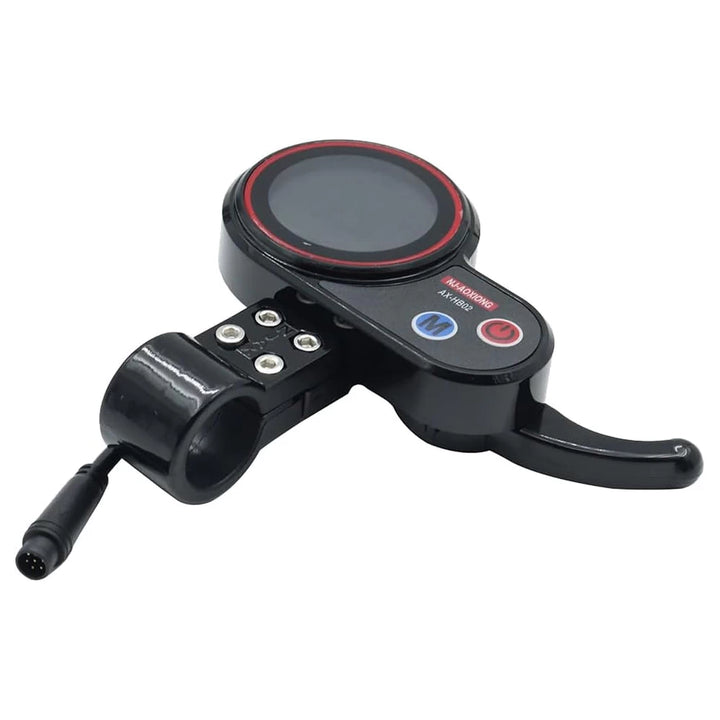 Angled view of the NJ-AOXIONG AX-HB02 36V–48V Display Trigger Throttle with the round, 6-Pin (male) julet connector plug and handlebar mounting bracket included