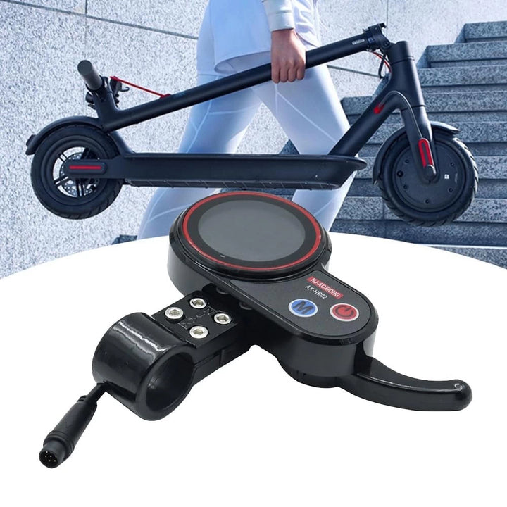 Lifestyle image of an electric scooter being carried, with an inset of the NJ-AOXIONG AX-HB02 36V–48V Display Trigger Throttle