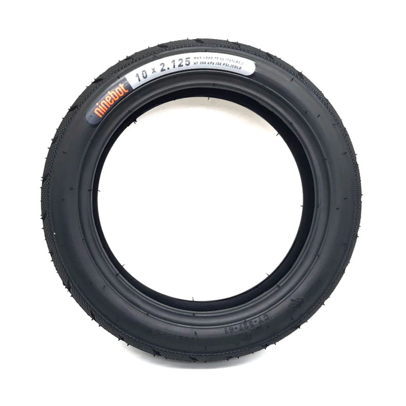 Side profile view of the Genuine Ninebot 10x2.125 Tyre, showing Ninebot brand, tyre dimensions and directional arrow for correct fitment. 
