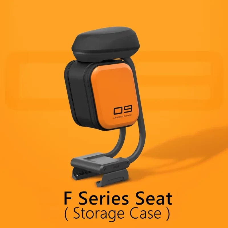 Ninebot F-Series seat with orange and black 10 L storage case for F2 and F40 scooters.
