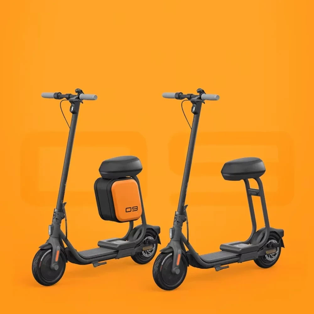 Ninebot F2 electric scooter with mounted storage seat and standard scooter comparison.