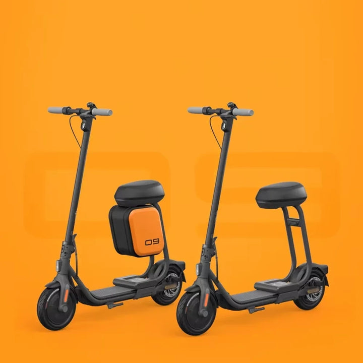 Ninebot F2 electric scooter with mounted storage seat and standard scooter comparison.