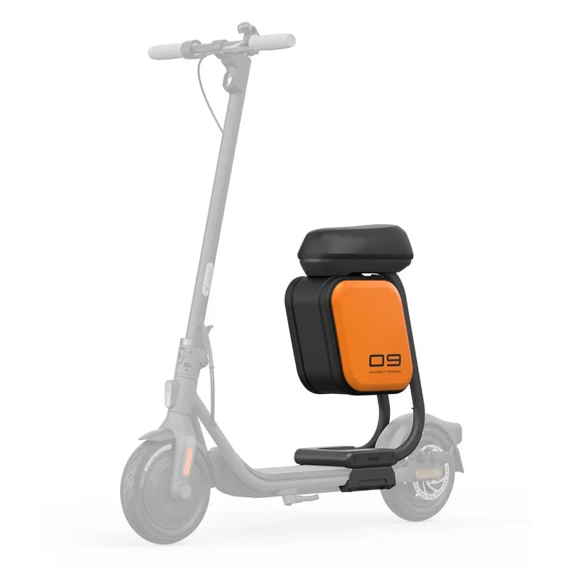 seat with 10 L storage box mounted on greyed-out Ninebot scooter chassis.