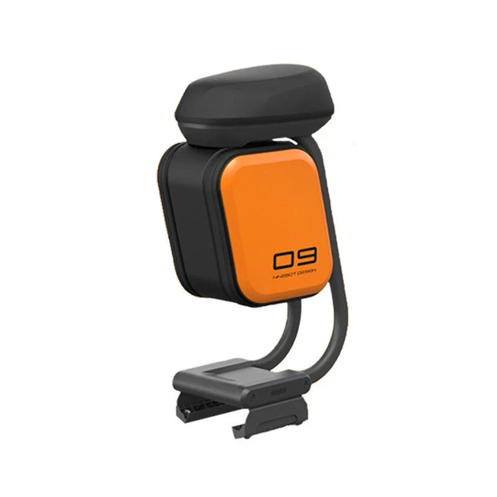 Angled hero view of Ninebot F-Series seat and storage case in black and orange.
