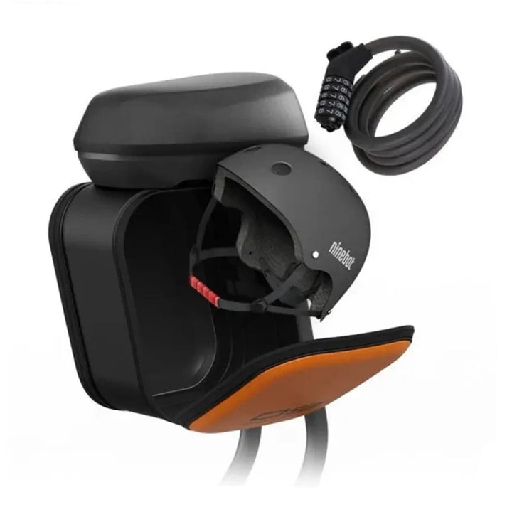 open storage box showing helmet and accessories inside Ninebot F seat case.