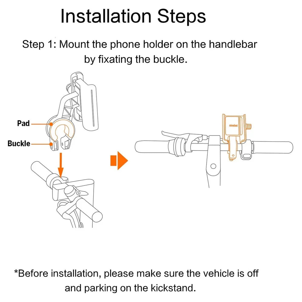 Step-by-step installation guide showing how to attach the phone holder to handlebars.