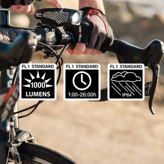 NiteRider Lumina 1000 Boost with FL1 standards, showing 1000 lumens, 1:00-26:00 hour runtime, and IP64 water resistance.