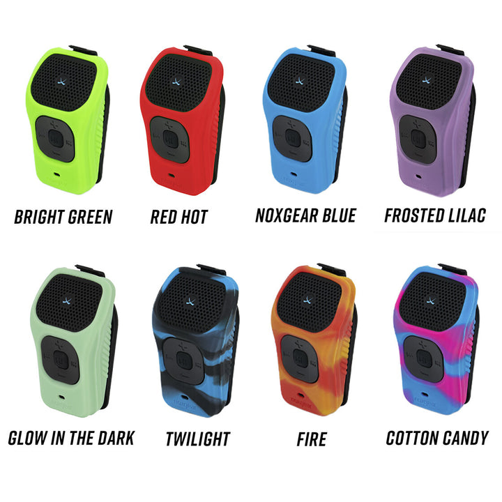 Gallery of the range of 39g Silicone Skins colours and designs, including bright green, red hot, NoxGear blue, Frosted Lilac, Glow in the dark, Twilight, Fire and Cotton Candy.