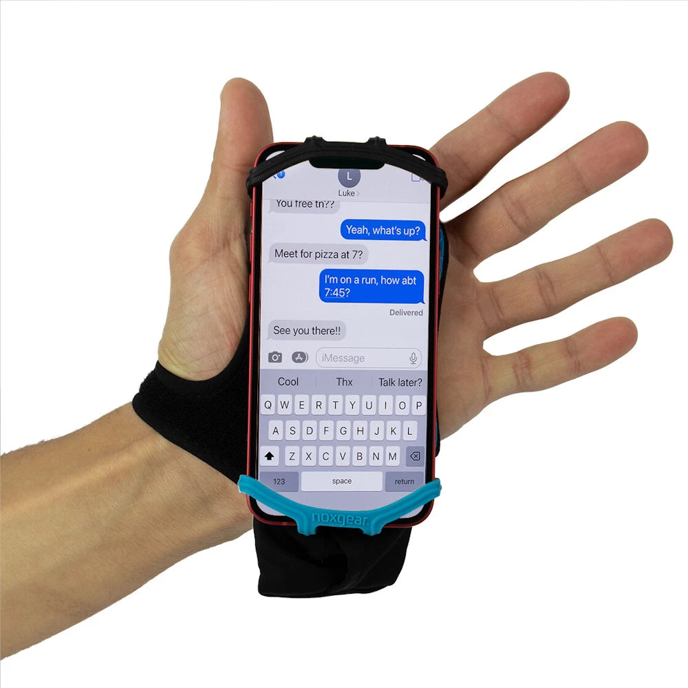 NoxGear Phone Holder with smartphone displaying text messages in left hand