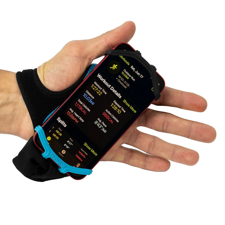 Runner using NoxGear Phone Holder to track workout stats on phone