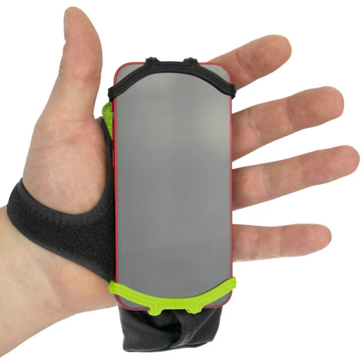 Demonstration of the Lime Green, Left Hand NoxGear Phone Holder being worn, holding a smartphone.