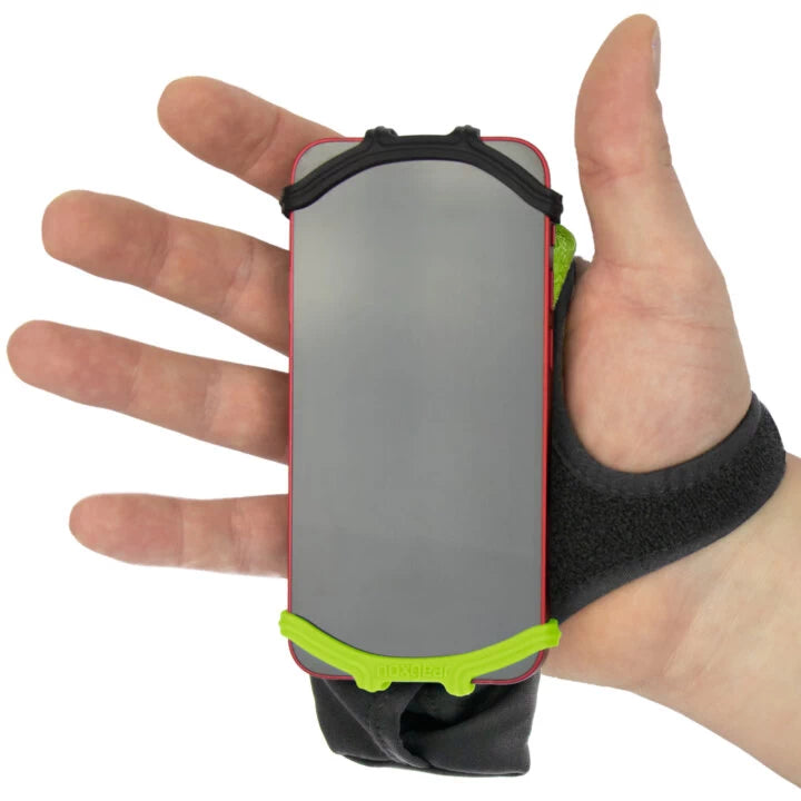 Demonstration of the Lime Green, Right Hand NoxGear Phone Holder being worn, holding a smartphone in the right hand.