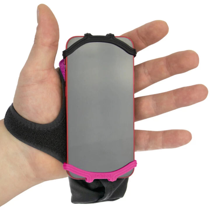 Demonstration of the Raspberry coloured, Left Hand NoxGear Phone Holder, with smartphone fitted and being securely worn on the left hand.