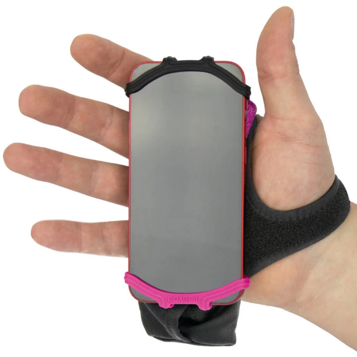 The Raspberry coloured, Right Hand NoxGear Phone Holder, with smartphone fitted and being worn on the right hand.