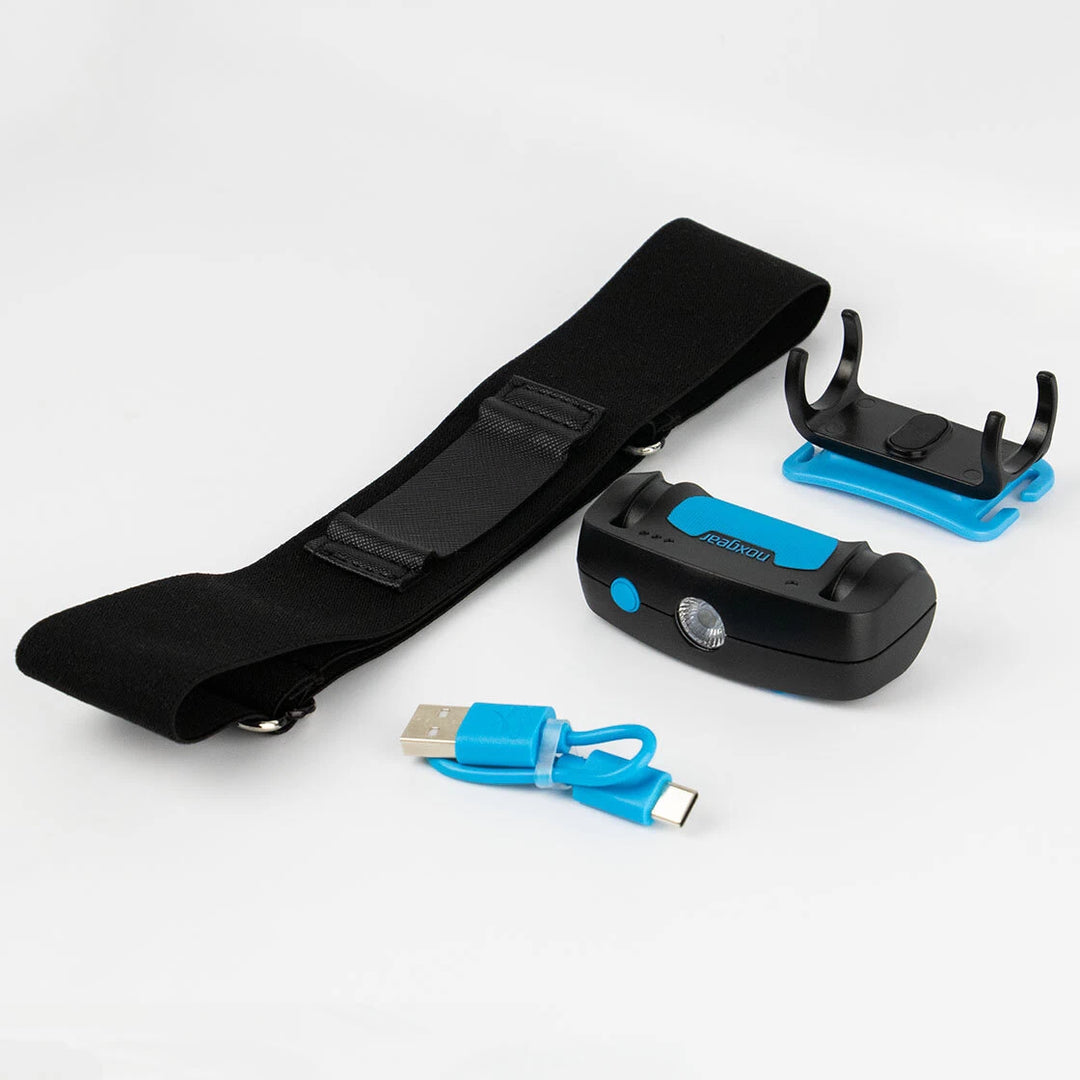 Noxgear rechargeable head light with head strap, quick-release mount and USB-C charging cable