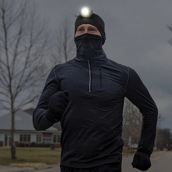 Noxgear 500 lumen rechargeable head light worn while running in low-light conditions