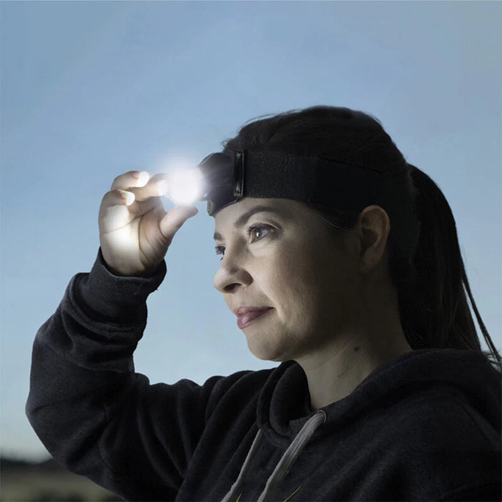 Noxgear 500 lumen head light with continuously adjustable tilt for directing the beam
