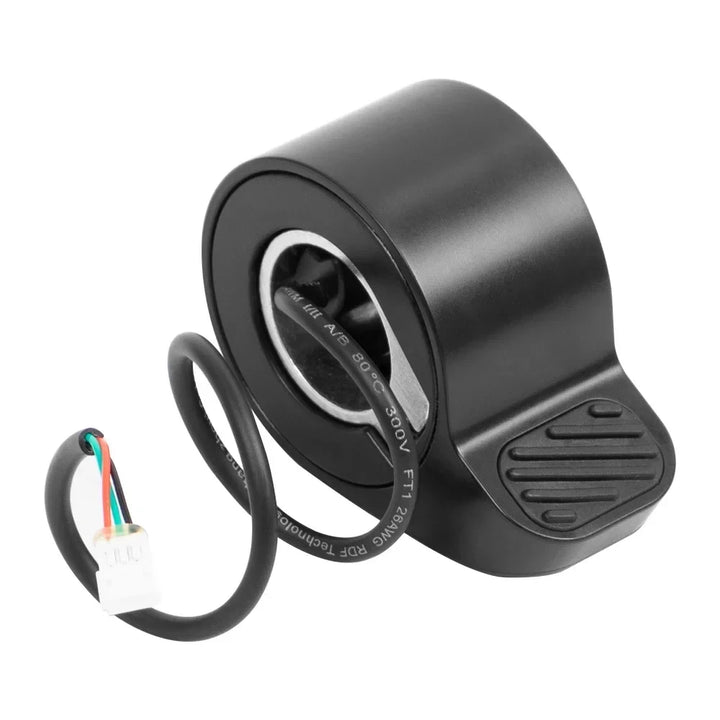 Genuine Ninebot E2 Series thumb throttle replacement shown from rear angle with ergonomic anti-slip thumb paddle and integrated wiring.