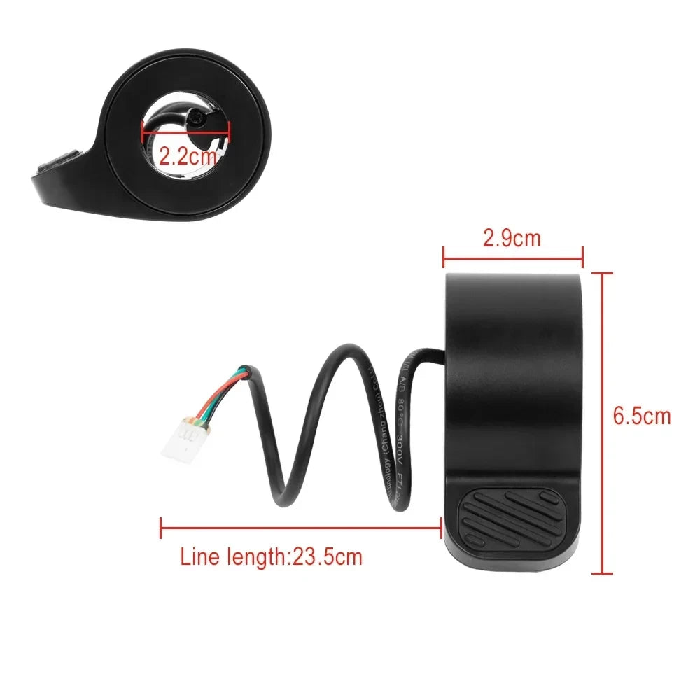Dimensions diagram of genuine Ninebot E2, E2 Plus and E2 Pro thumb throttle showing cable length, mounting diameter and housing measurements.