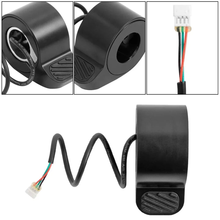 Multi-angle product montage of genuine Ninebot E2 Series thumb throttle showing connector, thumb paddle, wiring and housing design.