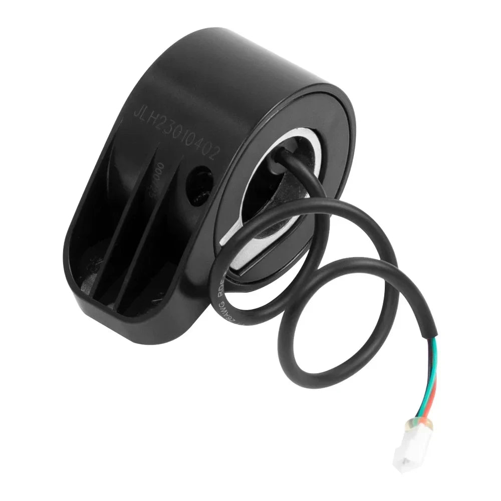 Underside view of original Segway Ninebot E2, E2 Plus and E2 Pro thumb throttle with 3-pin connector plug for direct plug-and-play replacement.