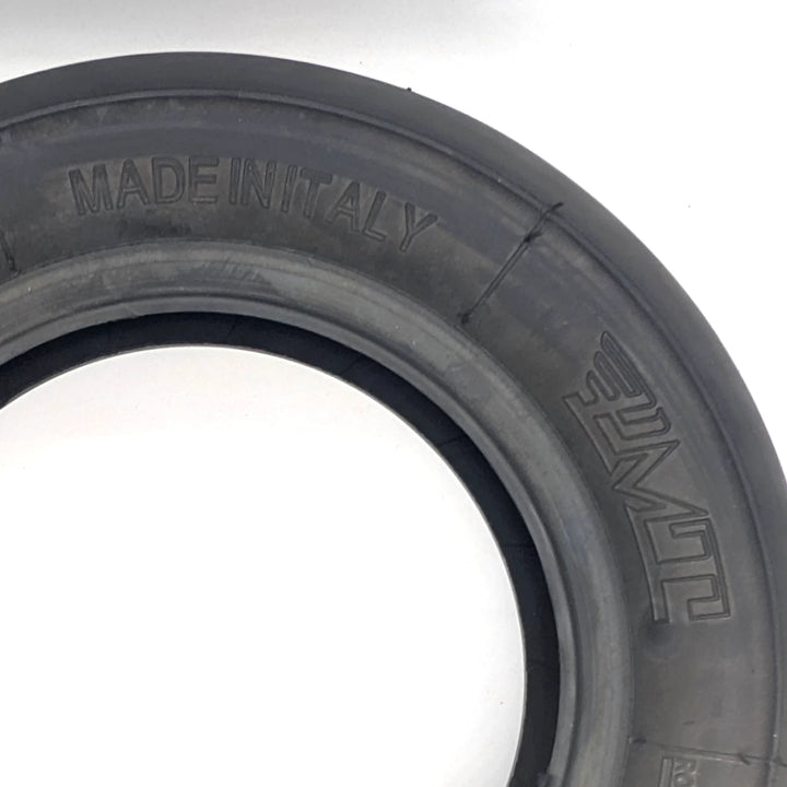 Sidewall of the  100/55-6.6 T41 Slicks showing the Made in Italy and PMT labels