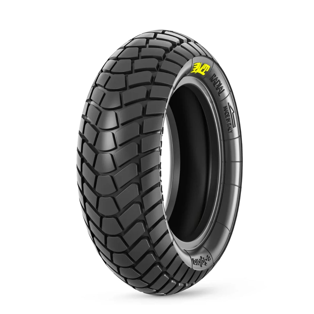 Rendered angled view of the new 100/55 R6.5 e-Splora tyre, designed and crafted in Italy by PMT.