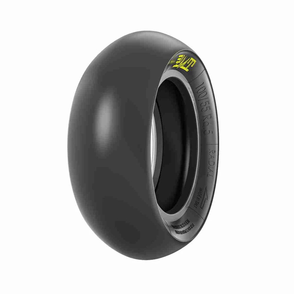 Hero Angled render view of the PMT 100/55 R6.5 T41 Tyre, showing the slick tread surface with no tread pattern.