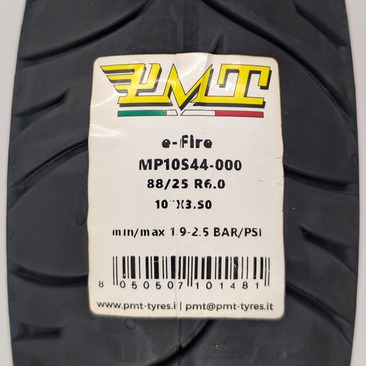 Close-up view of the label on the PMT 10"x3.50 (85/250 R6.0) E-Fire Premium Italian Radial Scooter Tyre
