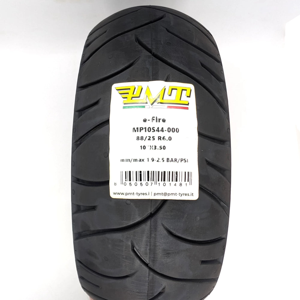 Front on tread and label view of the PMT 10x3.5" (85/250 R6.0) E-Fire Premium Italian Radial Tyre