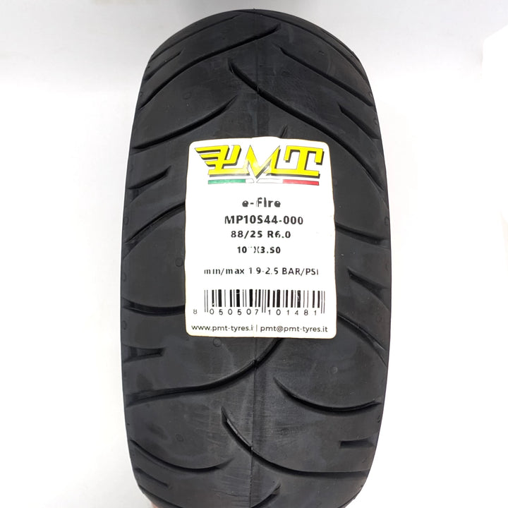 Front on tread and label view of the PMT 10x3.5" (85/250 R6.0) E-Fire Premium Italian Radial Tyre