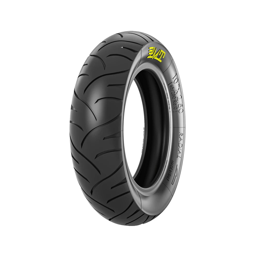 PMT 10" x 2.5" (65/250 R6.0) E-Fire Radial Tyre/Tire – Premium high-performance tyre/tire from Italy, designed for electric scooters with a Stradale tread pattern for urban use. Provides excellent grip, durability, and performance with 1.8-3 Bar (26-43 PSI) pressure compatibility.