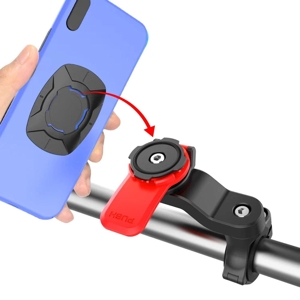 Phone mount with red twist-lock arm on handlebar.