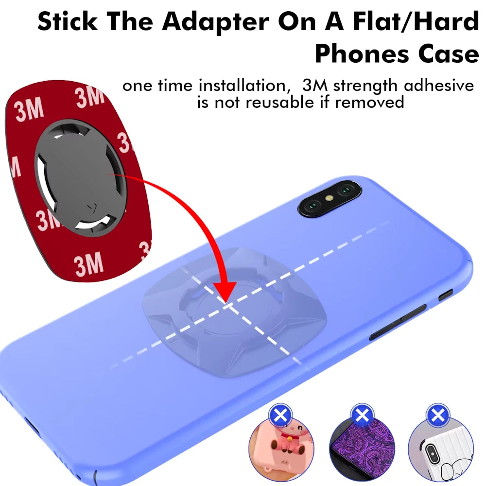 Adhesive adapter installation on flat phone case.