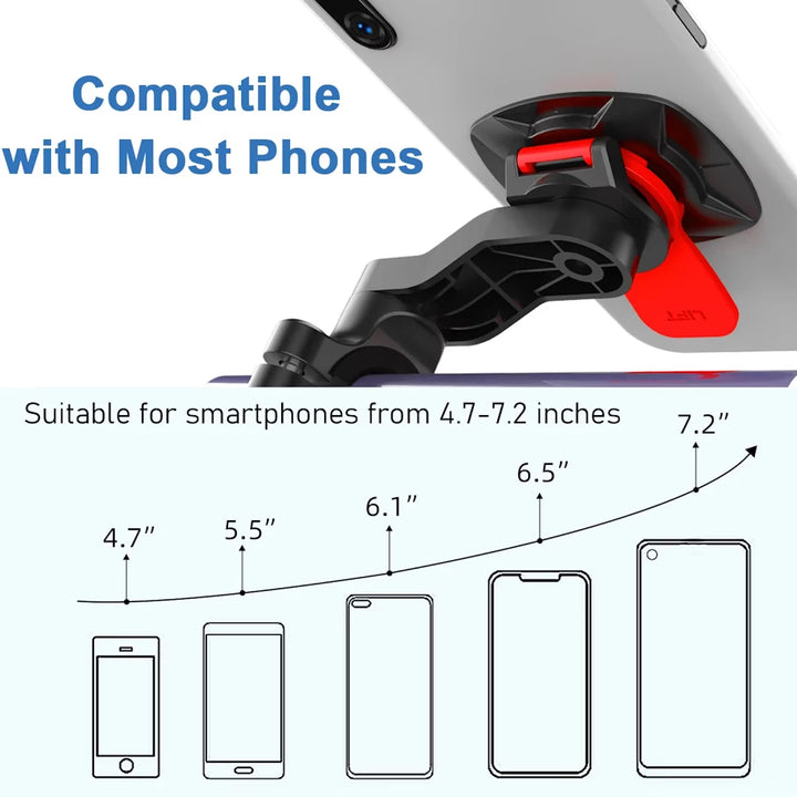 Compatibility chart showing phone sizes 4.7–7.2 inches.