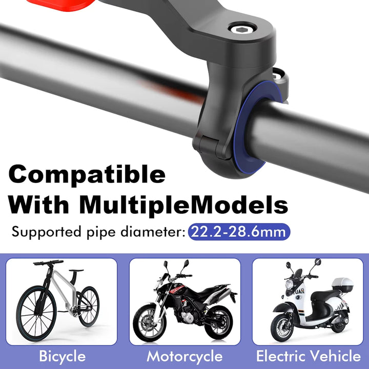 Mount shown on handlebars (22.2–28.6 mm), compatible with bikes, e-scooters, and motorcycles.