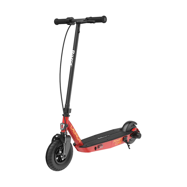 Razor PowerCore Launch Electric Scooter for Kids, full view with black handlebars and a red steel frame.