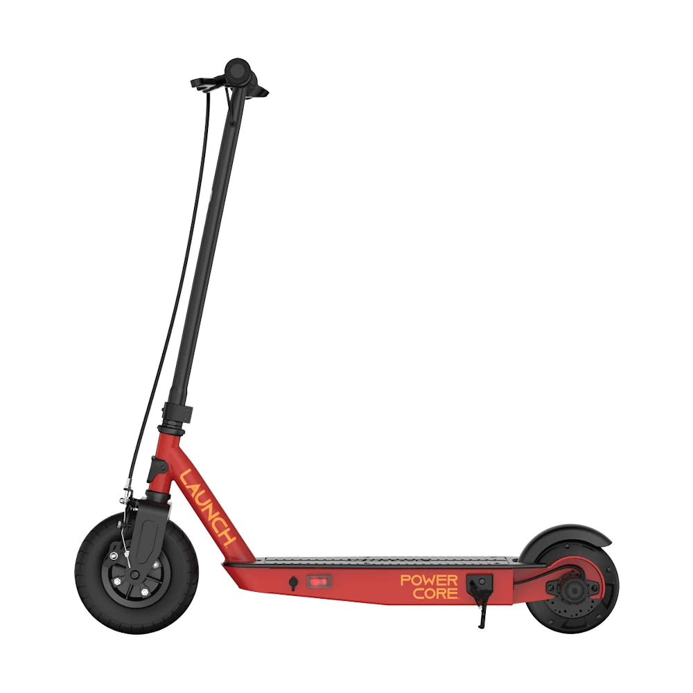 Side view of the Razor PowerCore Launch Electric Scooter in red, highlighting the slim frame and front and rear tyres.