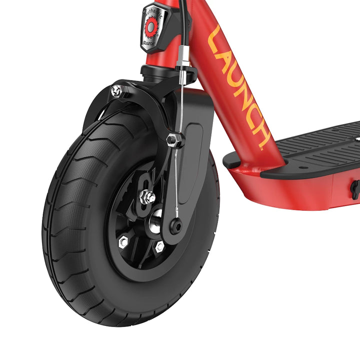 Close-up of the Razor PowerCore Launch Electric Scooter’s front pneumatic tyre and hand-operated caliper brake.