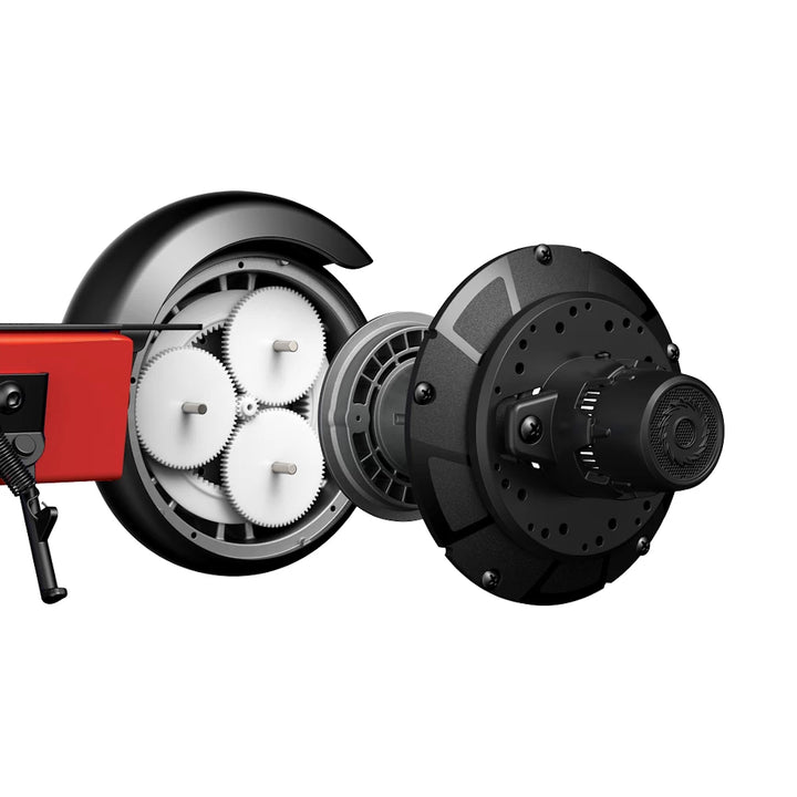 Exploded view of Razor PowerCore Launch Electric Scooter’s rear hub motor, showing internal gears and mechanical components.